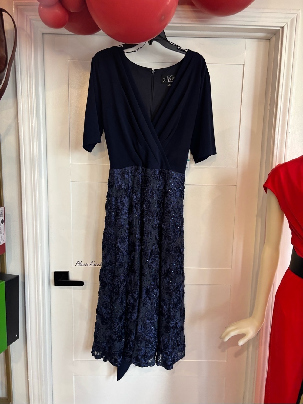 Alex Evenings Navy Blue Midi Dress with Lace Skirt